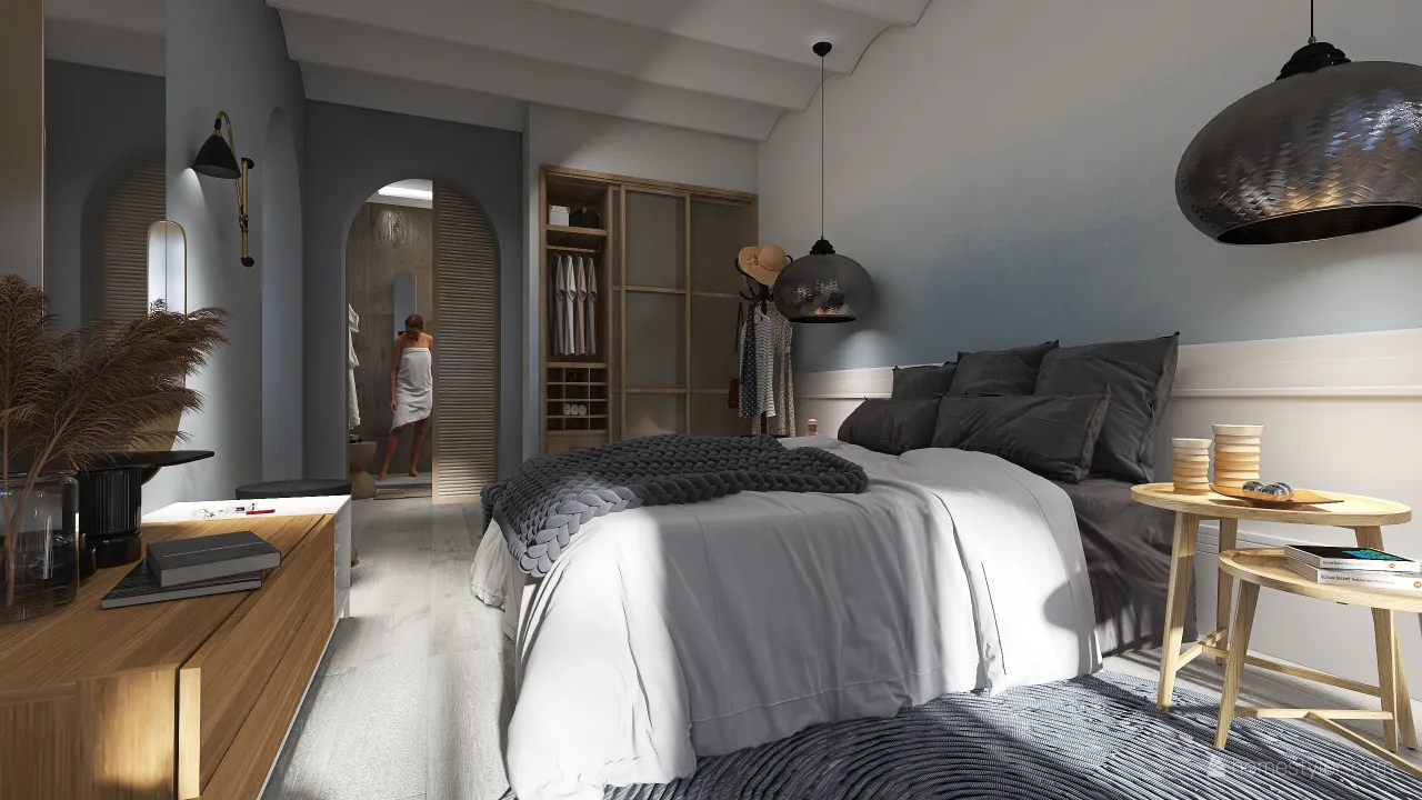 Costal Bohemian WabiSabi Blue Grey Beige LivingDiningRoom 3d design renderings