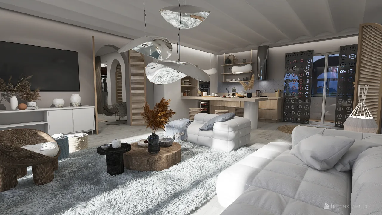 Costal Bohemian WabiSabi Blue Grey Beige MasterBedroom 3d design renderings