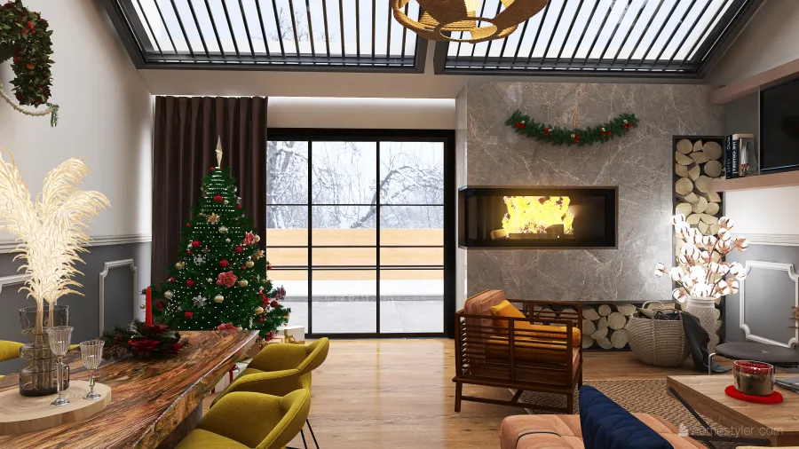 Contemporary Rustic #HSDA2020Residential Christmas into cozy Home WoodTones 3d design renderings