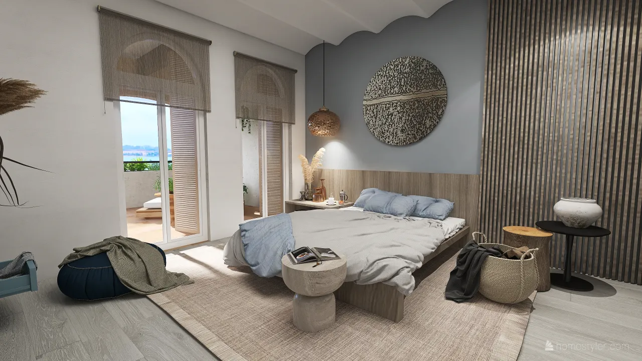 Costal Bohemian WabiSabi Blue Grey Beige LivingRoom 3d design renderings