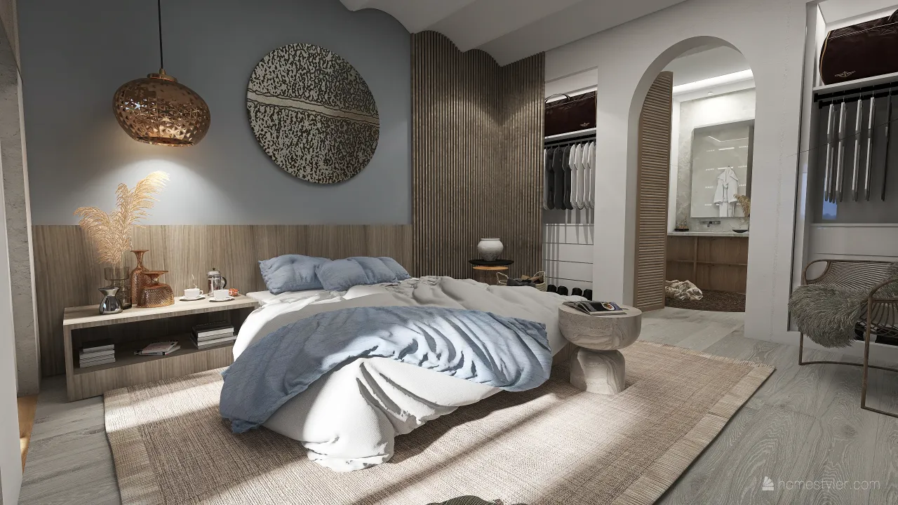 Costal Bohemian WabiSabi Blue Grey Beige LivingRoom 3d design renderings