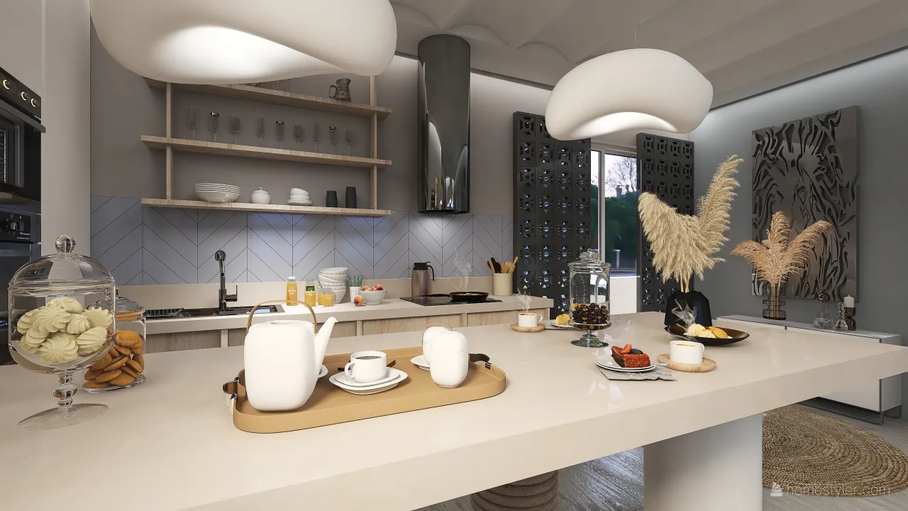 Costal Bohemian WabiSabi Blue Grey Beige MasterBedroom 3d design renderings