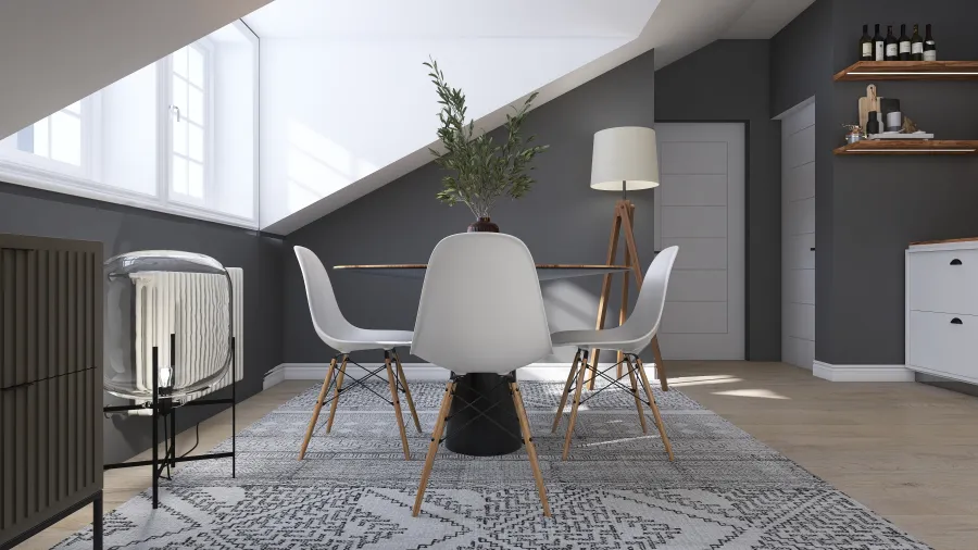 Scandinavian Contemporary Grey White WoodTones Living and Dining Room 3d design renderings