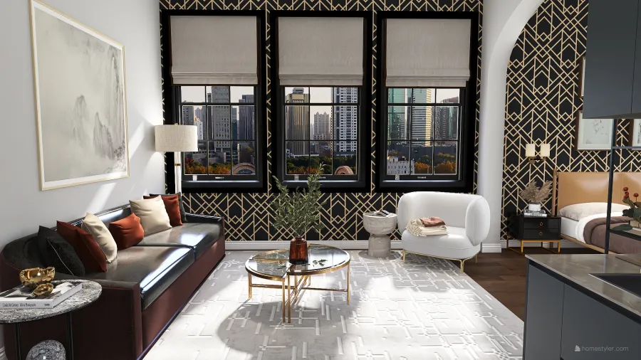 Modern Bauhaus ArtDeco nyc penthouse Black White 3d design renderings