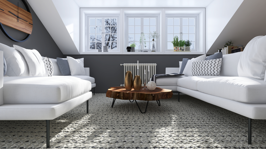 Scandinavian Contemporary Grey White WoodTones Living and Dining Room 3d design renderings