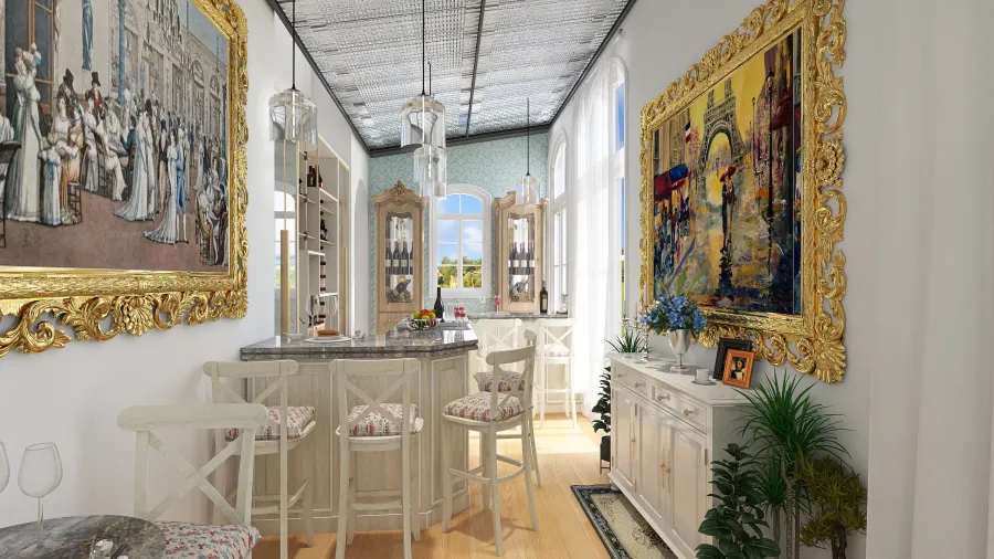 StyleOther #HSDA2020Commercial -Le Restaurant de Paris - French Country Style Yellow Blue 3d design renderings