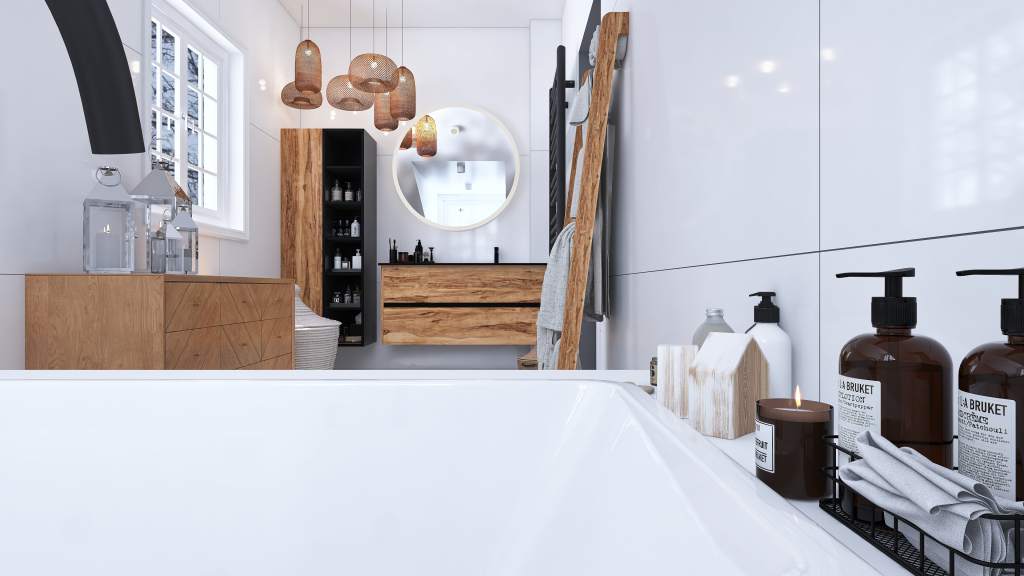 Scandinavian Contemporary Grey White WoodTones Bathroom 3d design renderings