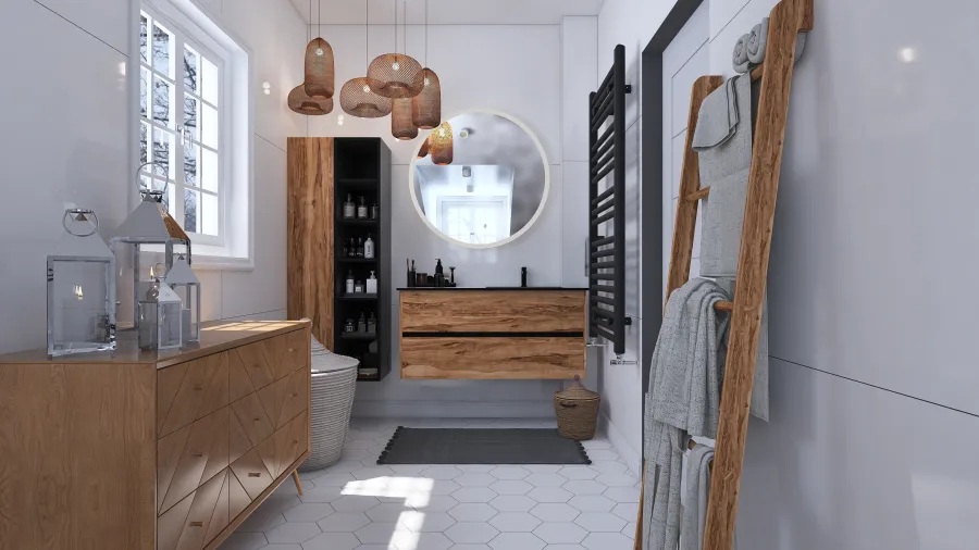 Scandinavian Contemporary Grey White WoodTones Bathroom 3d design renderings