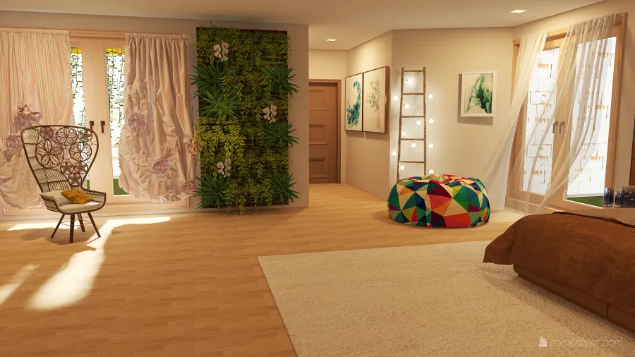 Contemporary Bohemian WarmTones Beige Green Bedroom 3d design renderings