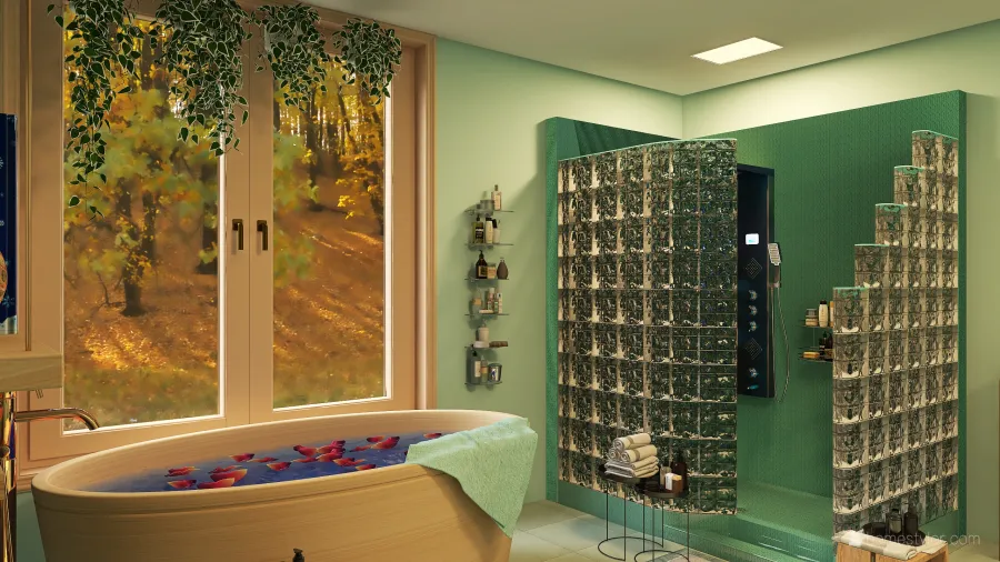 Contemporary Bohemian WarmTones Beige Green Bathroom 3d design renderings