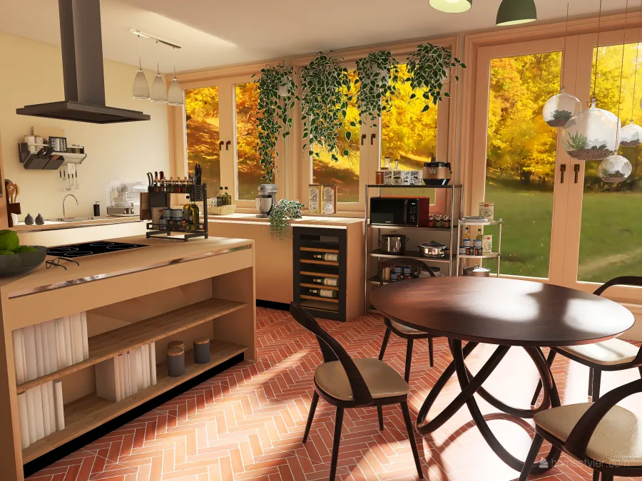 Contemporary Bohemian WarmTones Beige Green Kitchen 3d design renderings