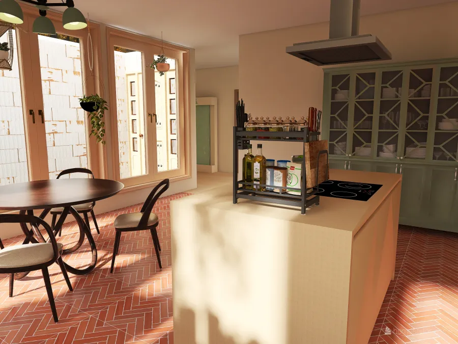Contemporary Bohemian WarmTones Beige Green Kitchen 3d design renderings