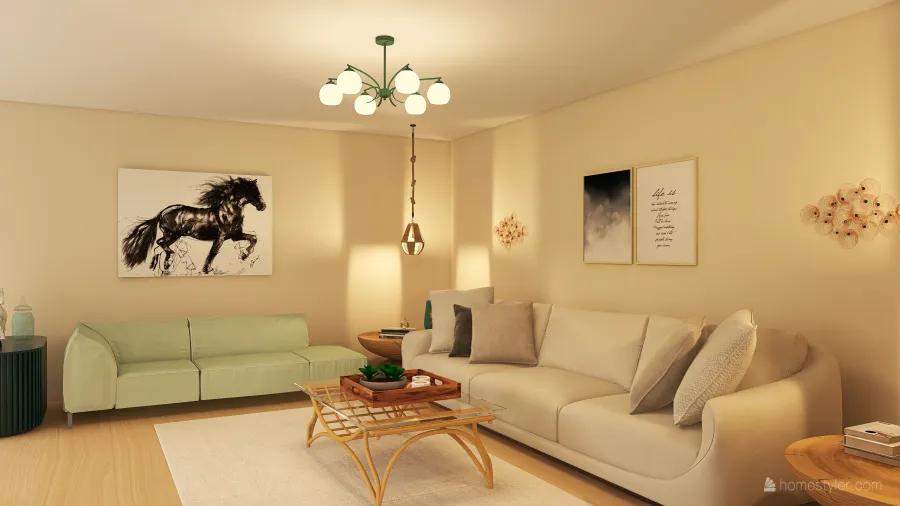 Contemporary Bohemian WarmTones Beige Green Living Room 3d design renderings