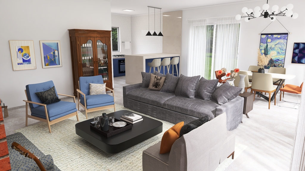 RE2011003 Sala de estar e jantar e cozinha integrada 3d design renderings