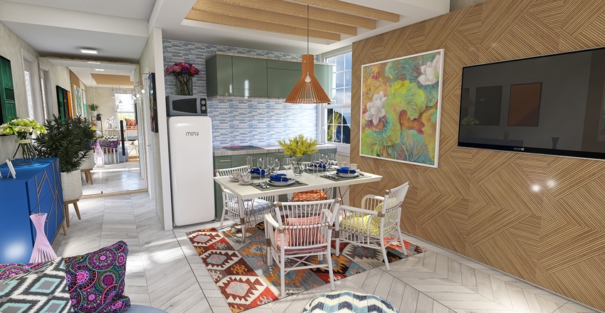 Residential Boho Inspired Studio Apartment Interior Design Render