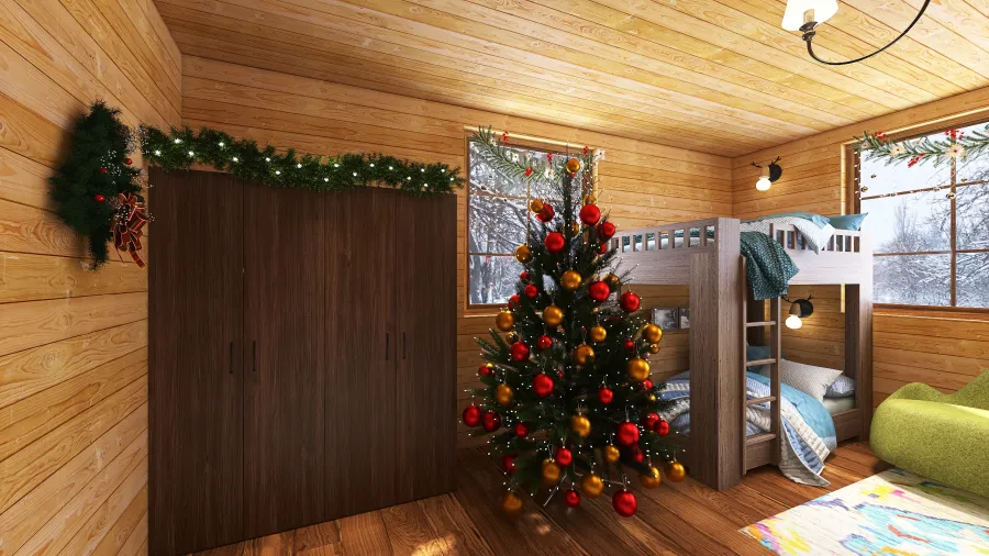 Rustic Farmhouse Christmas chalet Red WoodTones Green 3d design renderings