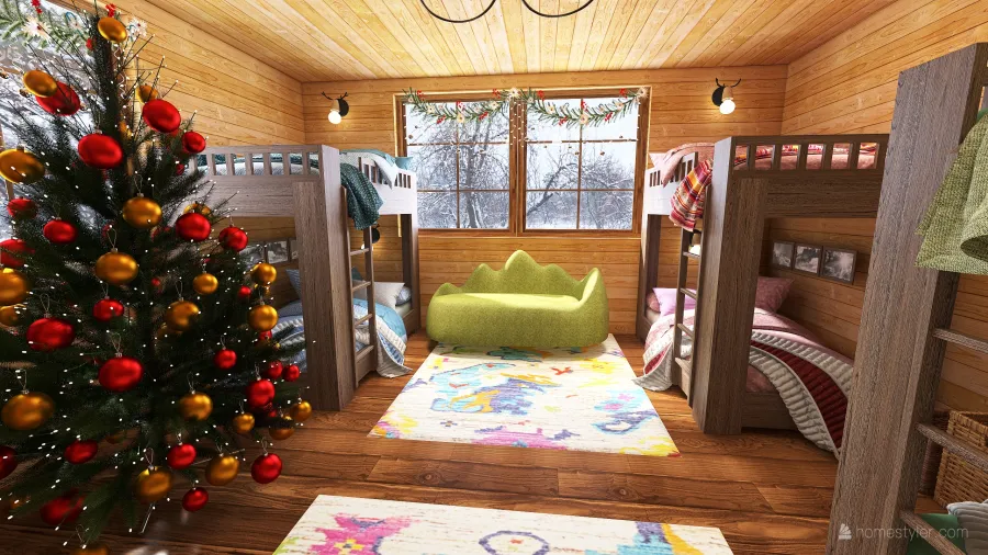 Rustic Farmhouse Christmas chalet Red WoodTones Green 3d design renderings