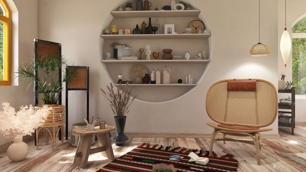 Modern Bohemian Orange WoodTones Beige Living and Dining Room 3d design renderings