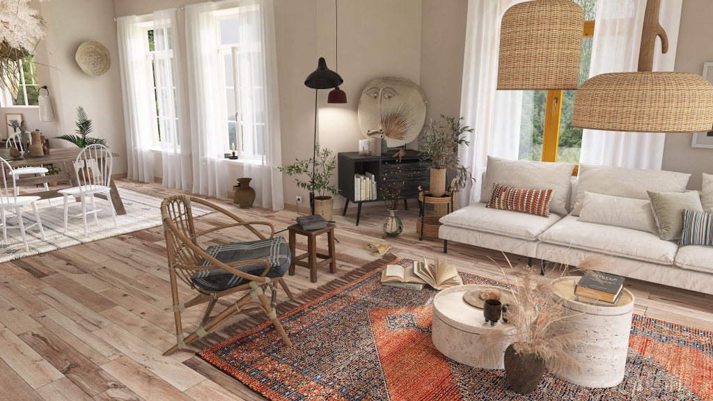 Modern Bohemian Orange WoodTones Beige Living and Dining Room 3d design renderings