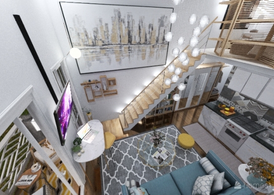 Modern Compact Tiny Apartment with Loft Bedroom and Balcony Design Rendering