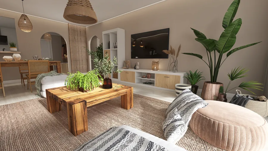 Bohemian Rustic EarthyTones White Beige WoodTones Green Sala de  estar 3d design renderings