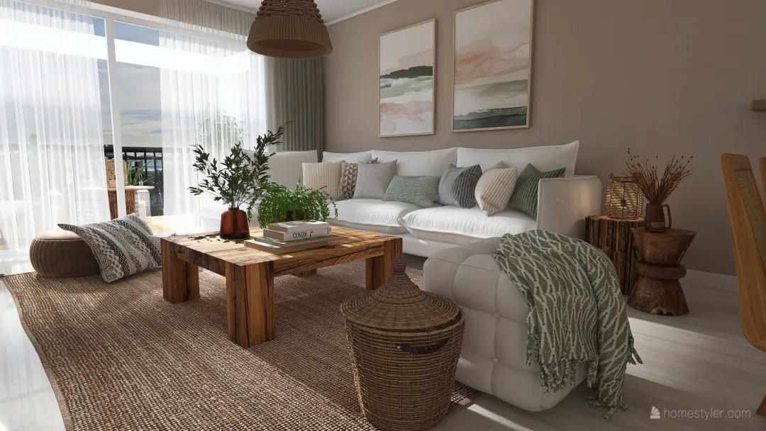 Bohemian Rustic Apartamento  en Torrox EarthyTones White Beige WoodTones Green 3d design renderings
