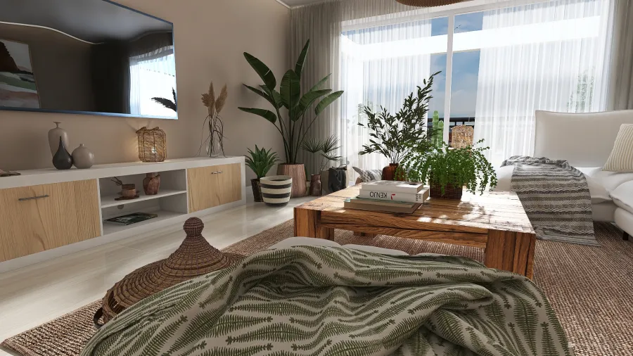 Bohemian Rustic EarthyTones White Beige WoodTones Green Sala de  estar 3d design renderings