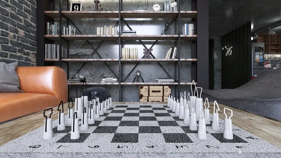 Industrial Bauhaus Modern Grey Black Living and Dining Room 3d design renderings