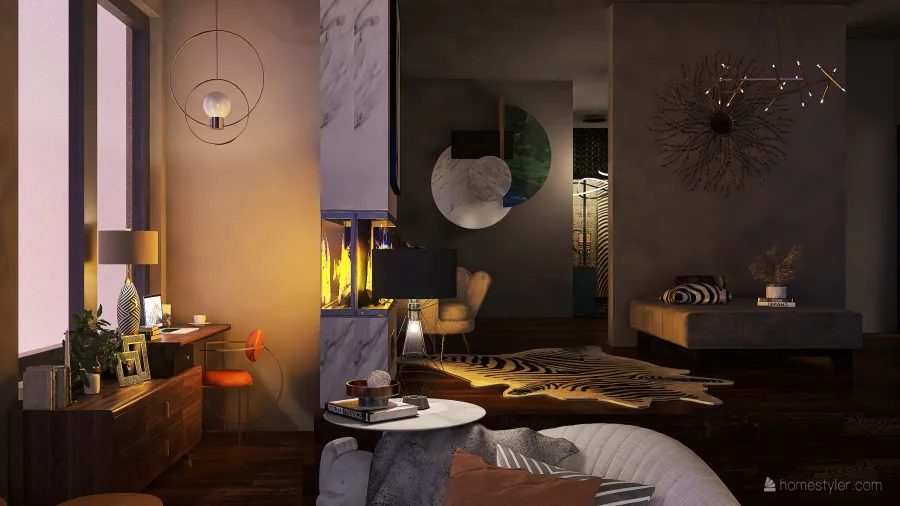 Modern Bauhaus ArtDeco White Black Orange Entry and Living Room 3d design renderings