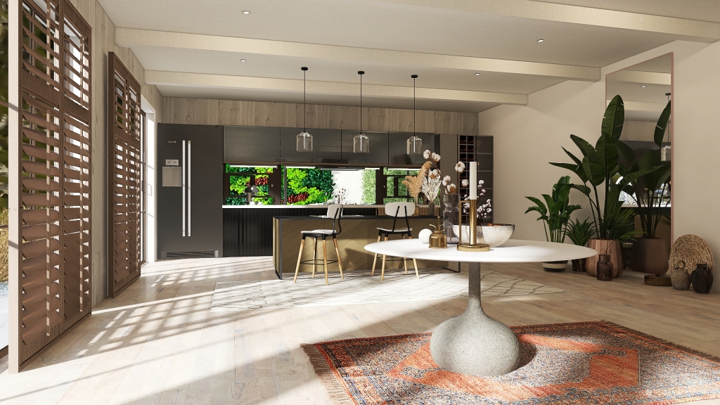 Rustic Modern Bohemian Beige EarthyTones Kitchen & Living 3d design renderings