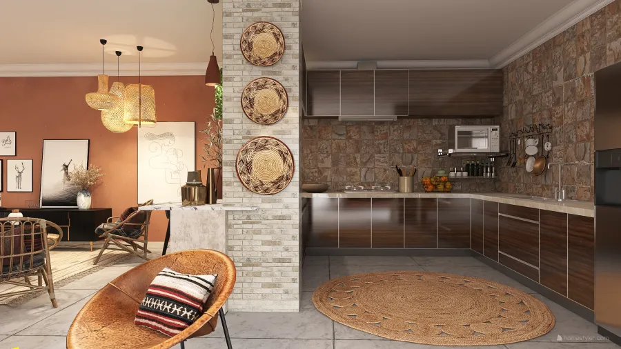 Bohemian Rustic WabiSabi Orange WoodTones Beige EarthyTones Living and Dining Room 3d design renderings