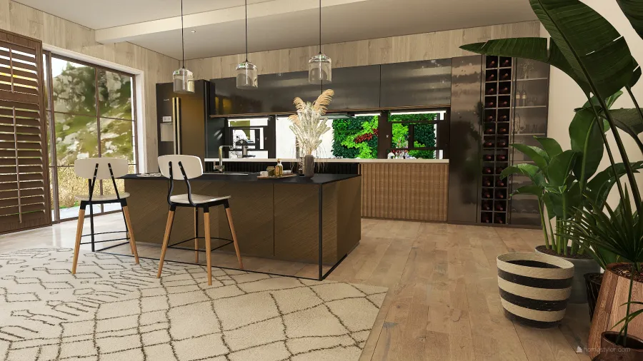 Rustic Modern Bohemian Beige EarthyTones Kitchen & Living 3d design renderings