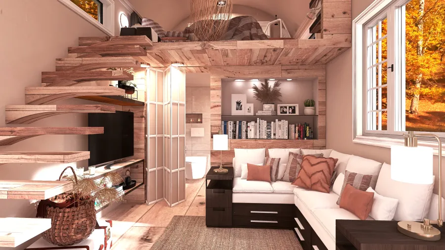 Rustic Bohemian Mobile Home Red WoodTones WarmTones 3d design renderings