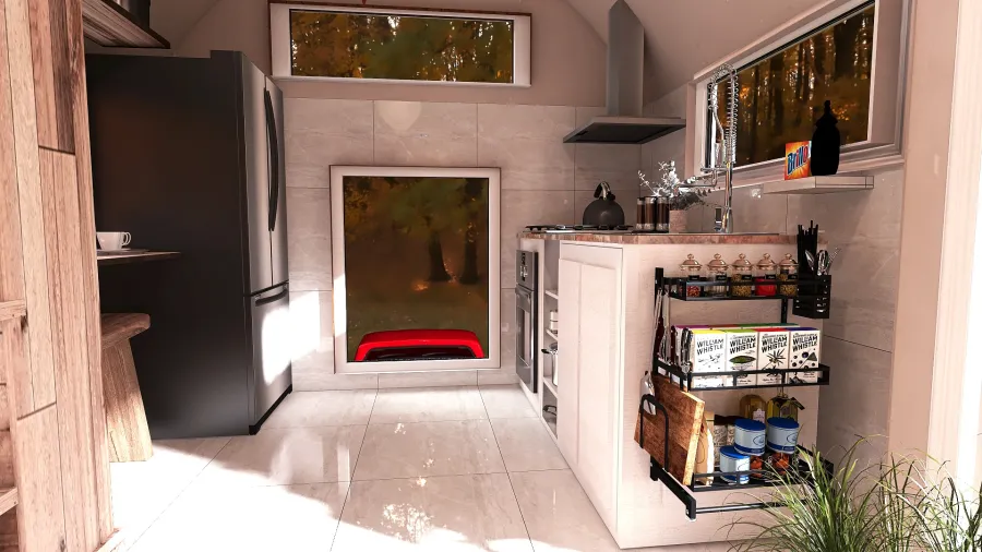 Rustic Bohemian Mobile Home Red WoodTones WarmTones 3d design renderings