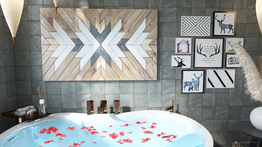 Bohemian Rustic WabiSabi Orange WoodTones Beige EarthyTones Master Bathroom 3d design renderings