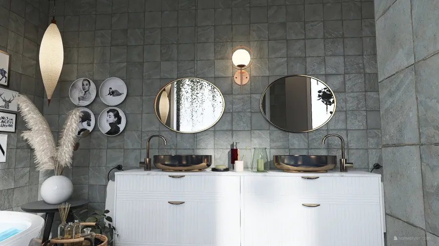 Bohemian Rustic WabiSabi Orange WoodTones Beige EarthyTones Master Bathroom 3d design renderings
