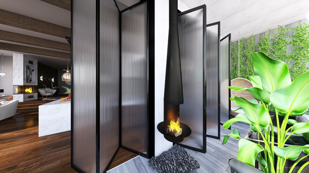Modern Bauhaus ArtDeco Modern Art-Deco Condo White Black Orange 3d design renderings