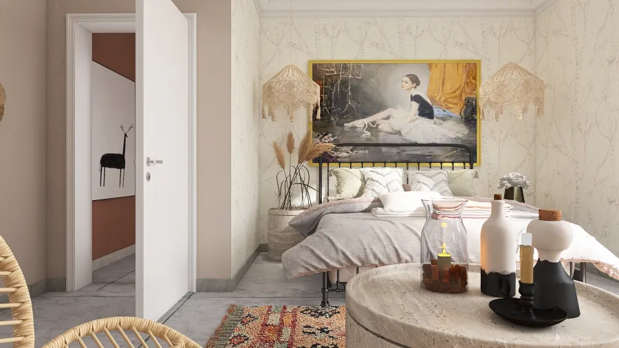 Bohemian Rustic WabiSabi Orange WoodTones Beige EarthyTones Master Bedroom 3d design renderings