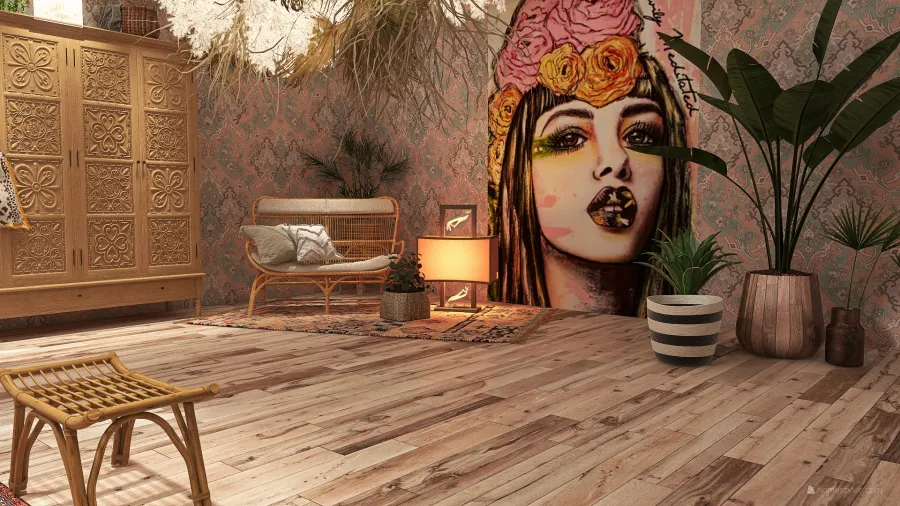Bohemian Rustic TropicalTheme Orange EarthyTones WoodTones Master Bedroom 3d design renderings