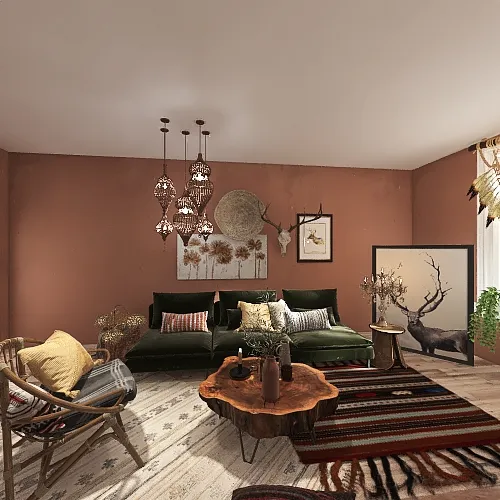 Bohemian Rustic TropicalTheme Orange EarthyTones WoodTones Living Room 3d design renderings