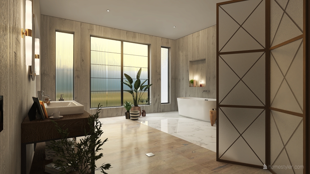Rustic Modern Bohemian Beige EarthyTones Bathroom 3d design renderings