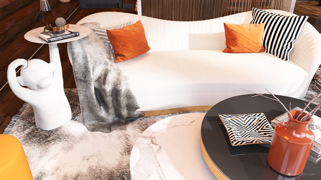 Modern Bauhaus ArtDeco White Black Orange Entry and Living Room 3d design renderings