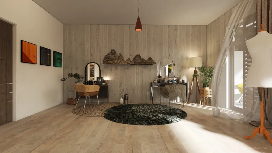 Rustic Modern Bohemian Beige EarthyTones Bedroom 3d design renderings
