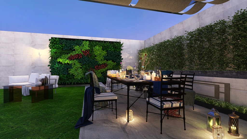Rustic Modern Bohemian Beige EarthyTones Courtyard 3d design renderings