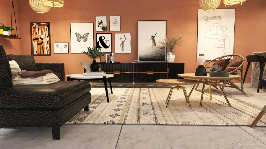 Bohemian Rustic WabiSabi Orange WoodTones Beige EarthyTones Living and Dining Room 3d design renderings