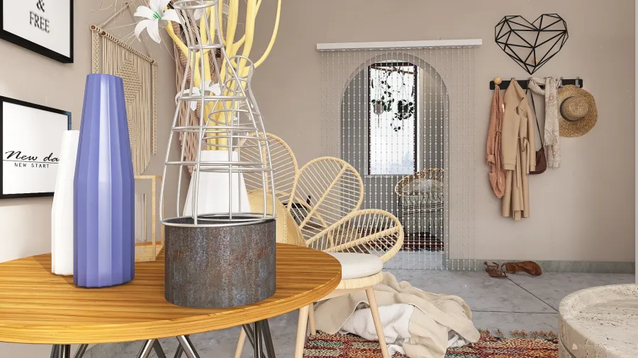 Bohemian Rustic WabiSabi Orange WoodTones Beige EarthyTones Master Bedroom 3d design renderings