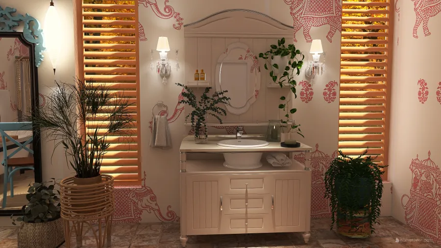 Bohemian Rustic TropicalTheme Orange EarthyTones WoodTones Bathroom 3d design renderings