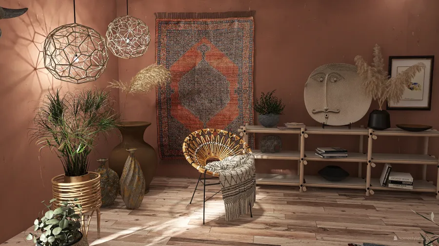 Bohemian Rustic TropicalTheme Orange EarthyTones WoodTones Living Room 3d design renderings