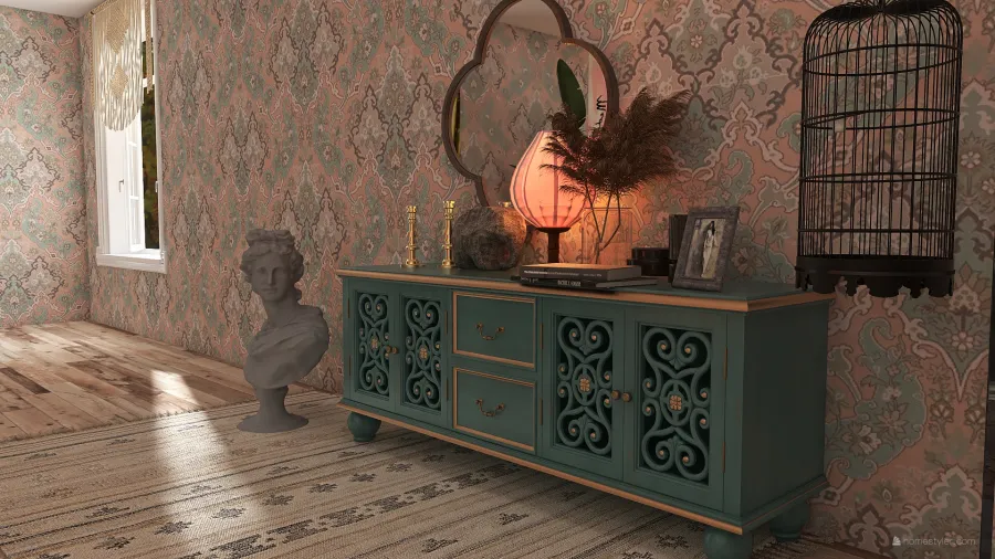 Bohemian Rustic TropicalTheme Orange EarthyTones WoodTones Master Bedroom 3d design renderings