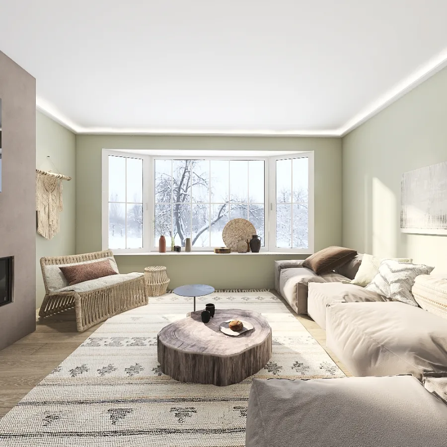 Bohemian Rustic Farmhouse appartment Beige Green Grey 3d design renderings